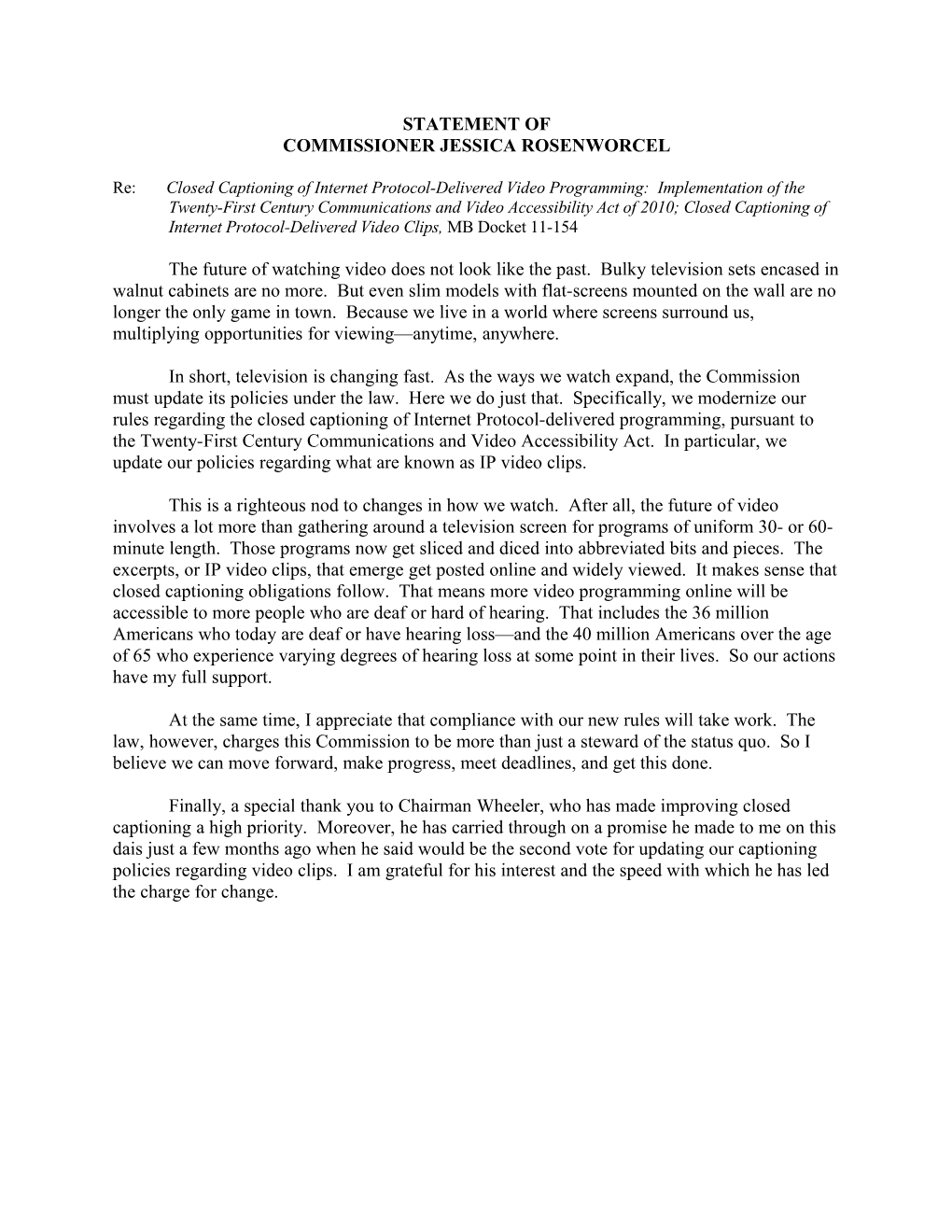 Statement of Commissioner Jessica Rosenworcel