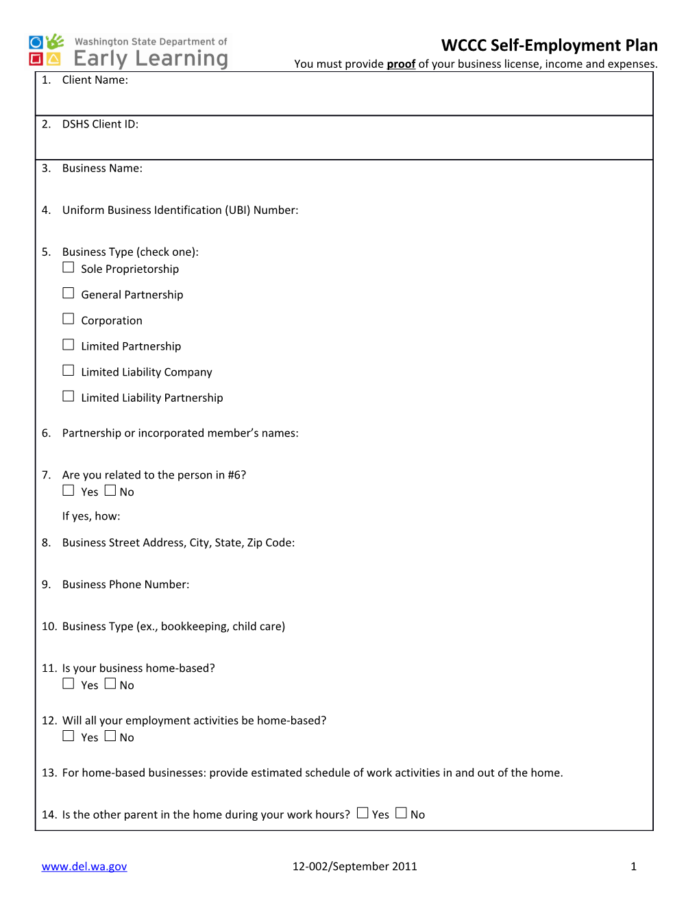 WCCC Self-Employment Plan