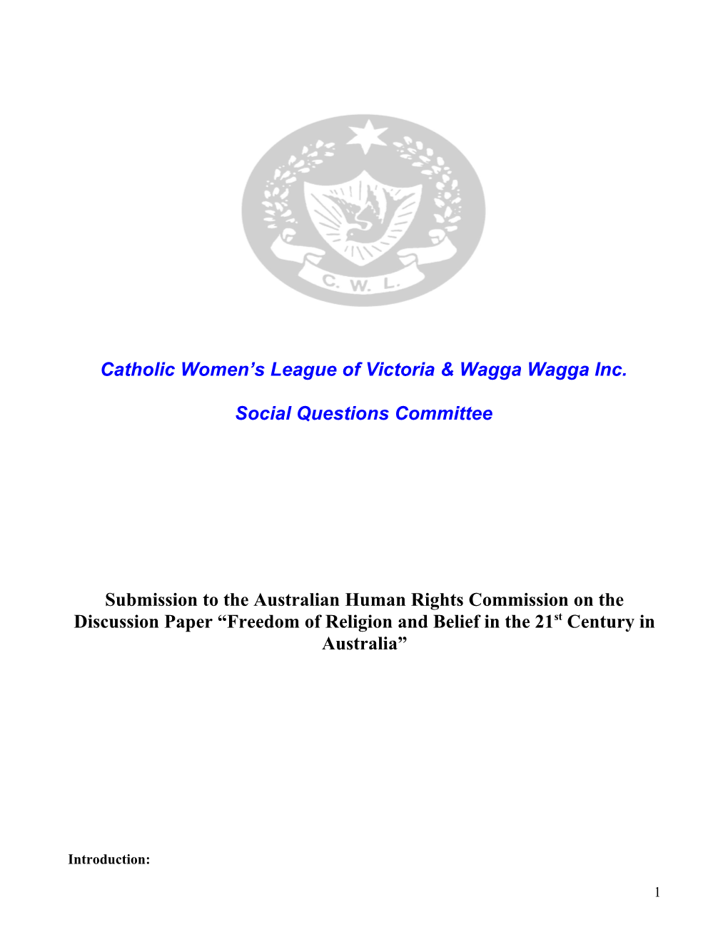 Catholic Women S League of Victoria & Wagga Wagga Inc