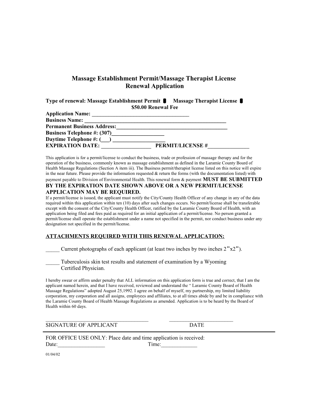 Massage Establishment Permit Renewal Application