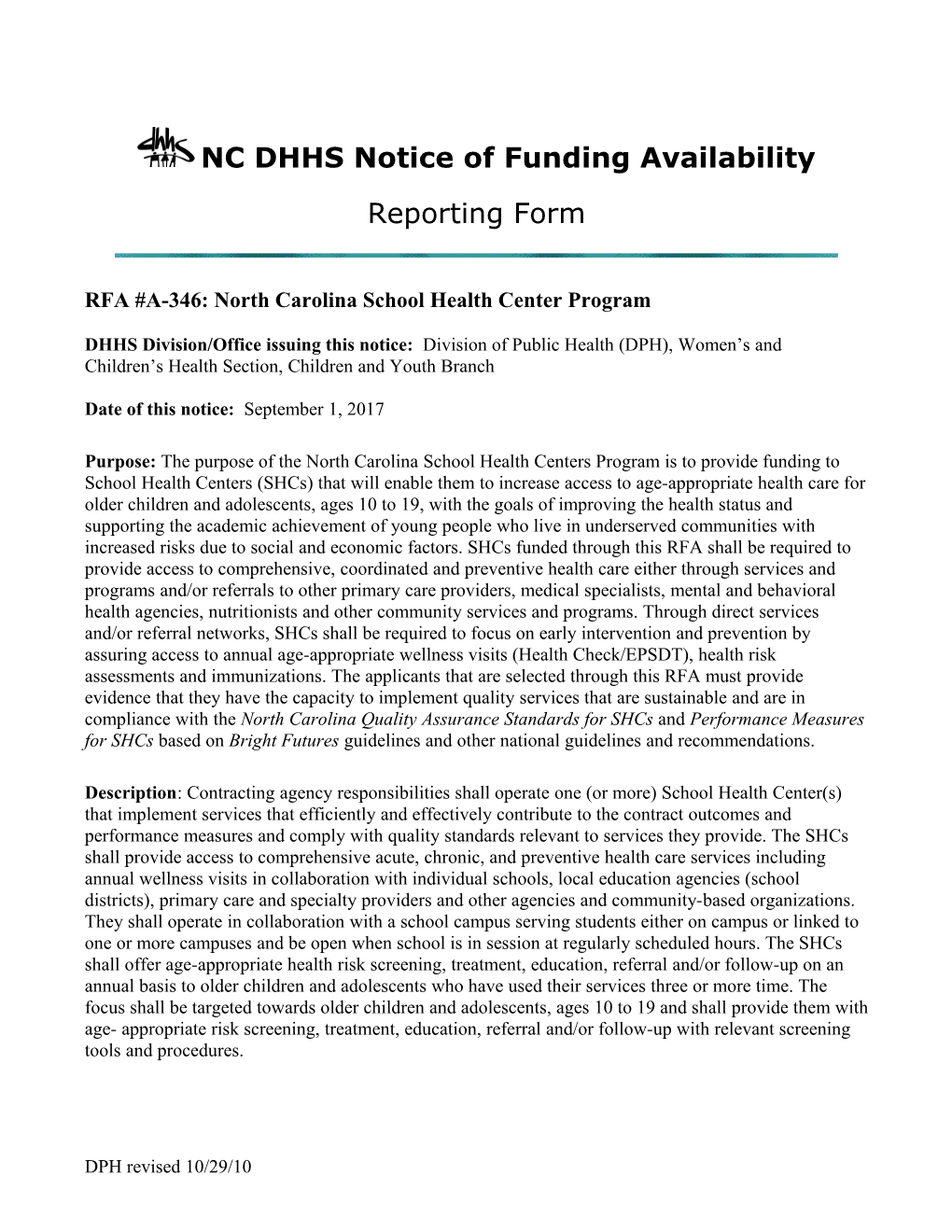 NC DHHS Notice of Funding Availability
