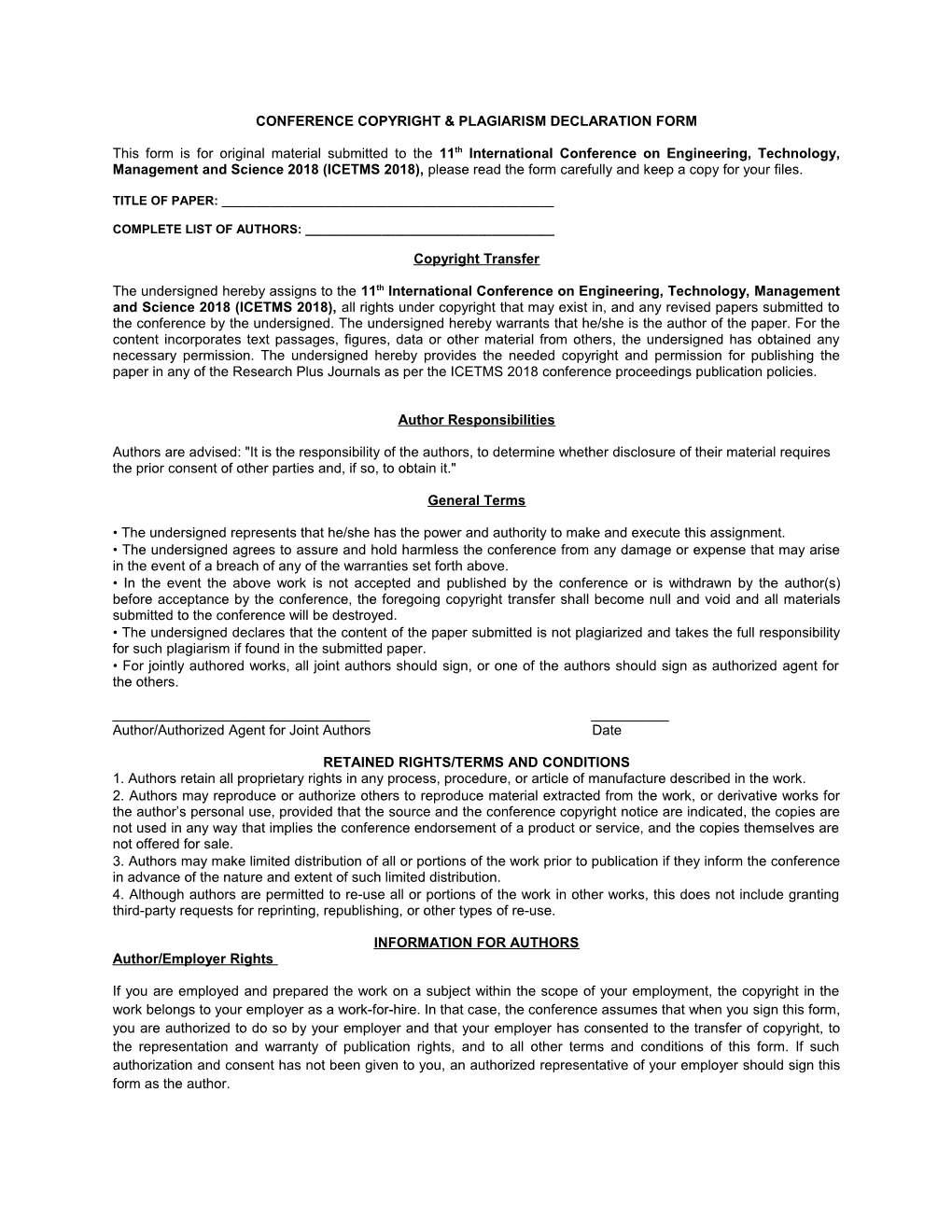 Conference Copyrightplagiarismdeclaration Form