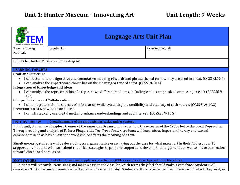 Unit 1: Hunter Museum - Innovating Artunit Length: 7 Weeks