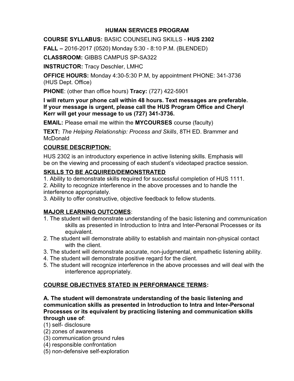 Course Syllabus: Basic Counseling Skills - Hus 2302