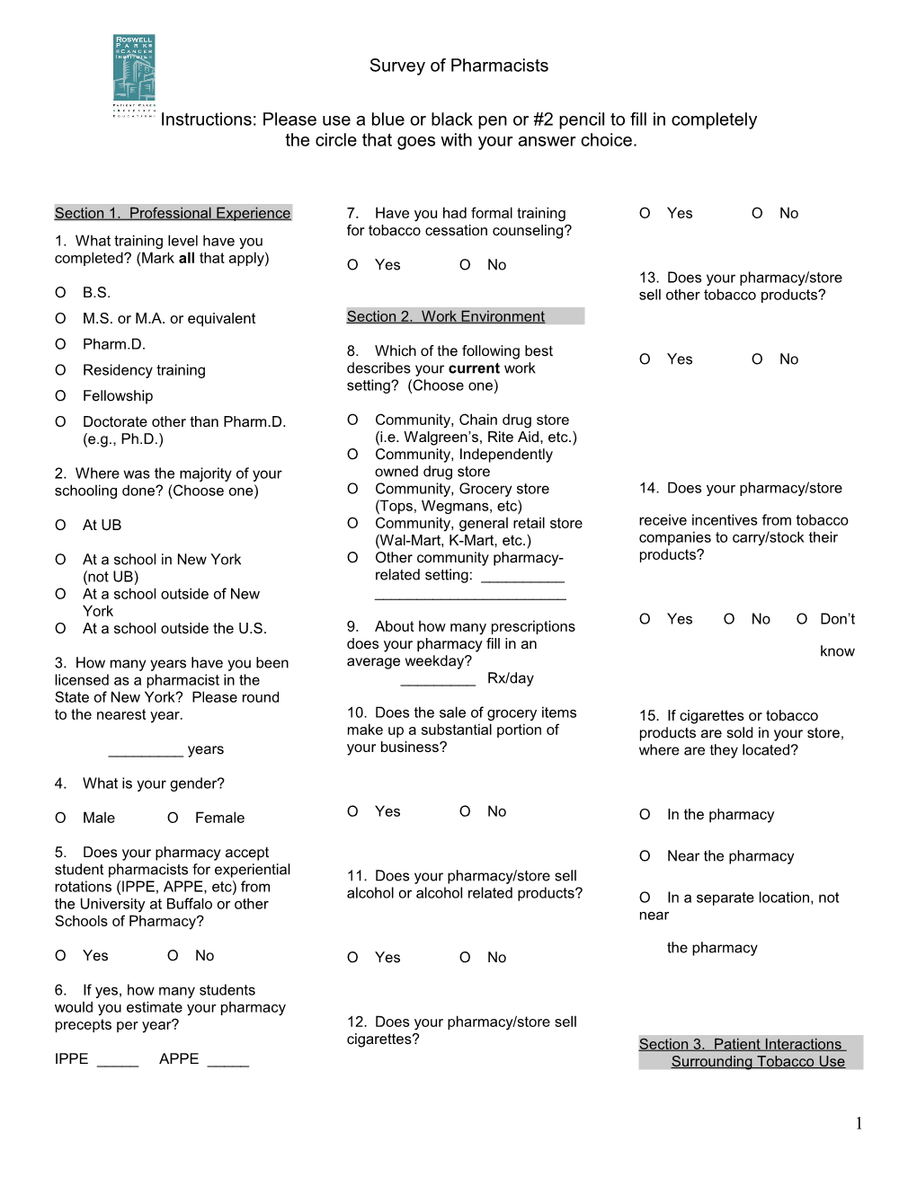 Instructions: Place a Check Mark in the Circle That Goes Along with Your Answer Choice