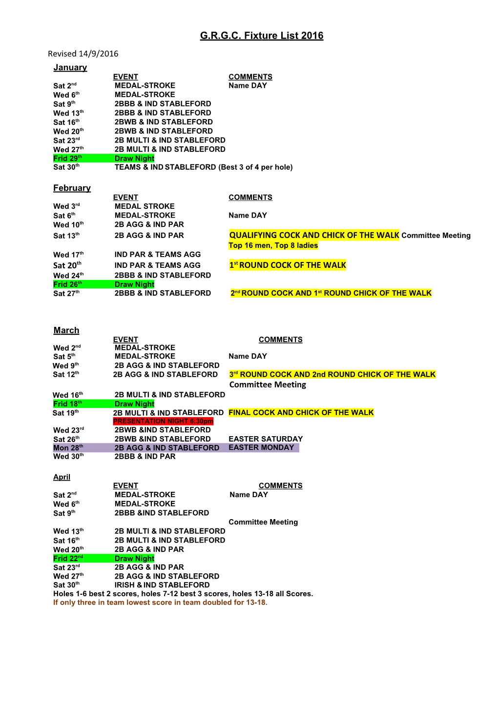 G.R.G.C. Fixture List 2016