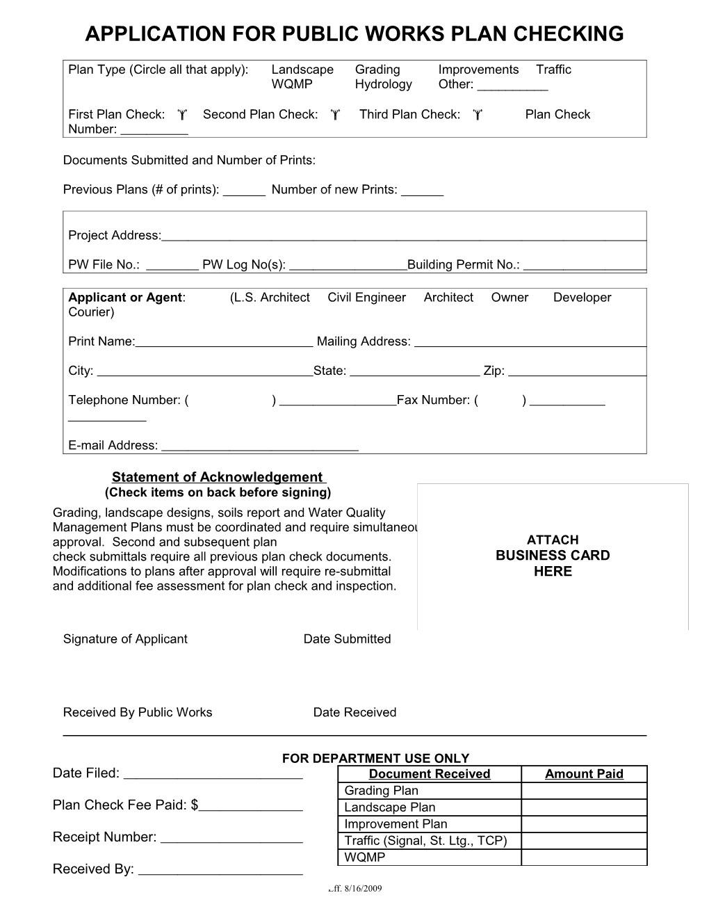 Application for Public Works Plan Checking