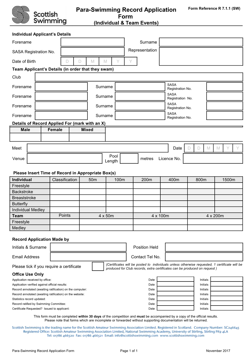 Team Applicant S Details (In Order That They Swam)