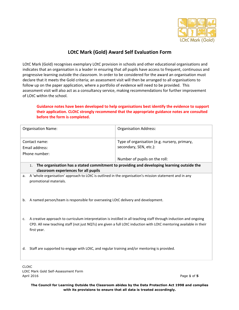 Lotc Mark (Gold) Award Self Evaluation Form