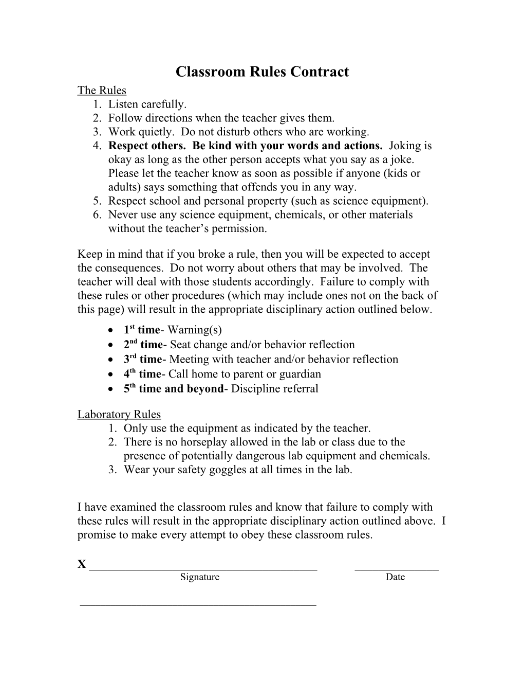 Classroom Rules Contract