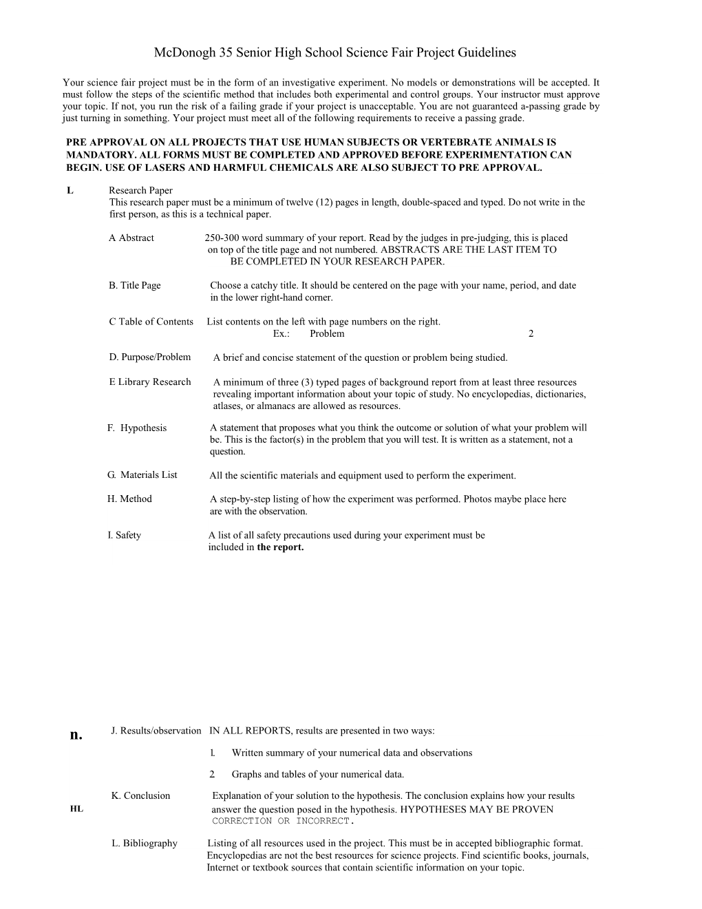 Mcdonogh 35 Senior High School Science Fair Project Guidelines