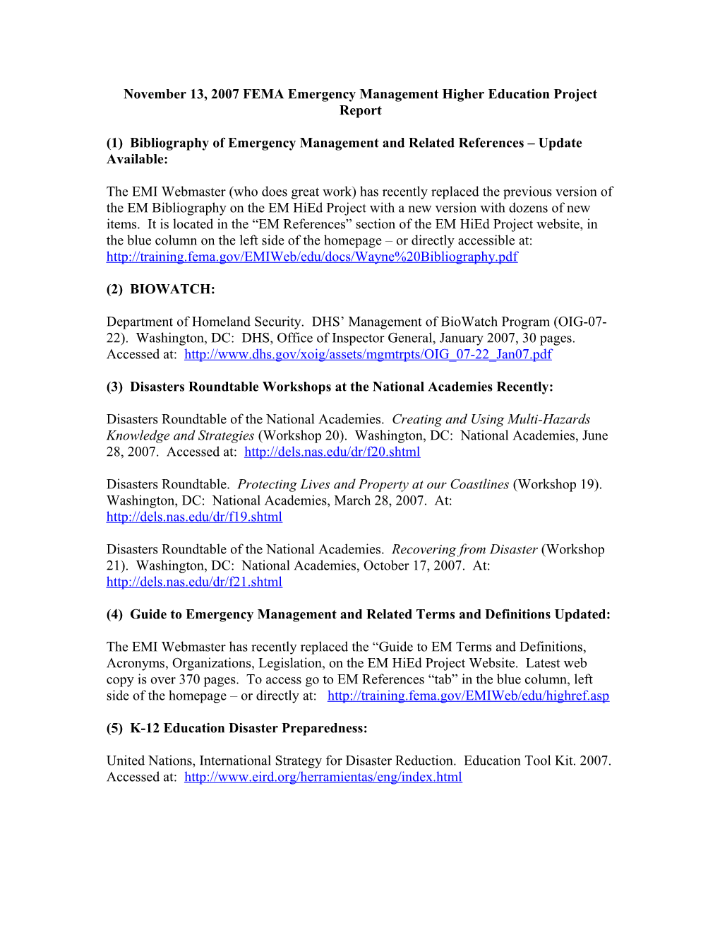 November 13, 2007 FEMA Emergency Management Higher Education Project Report