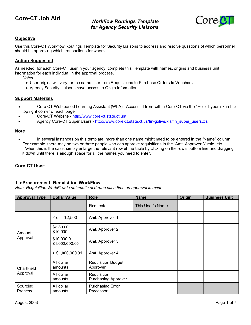 Core-CT Job Aid - Workflow Routings Template for Security Liaisons