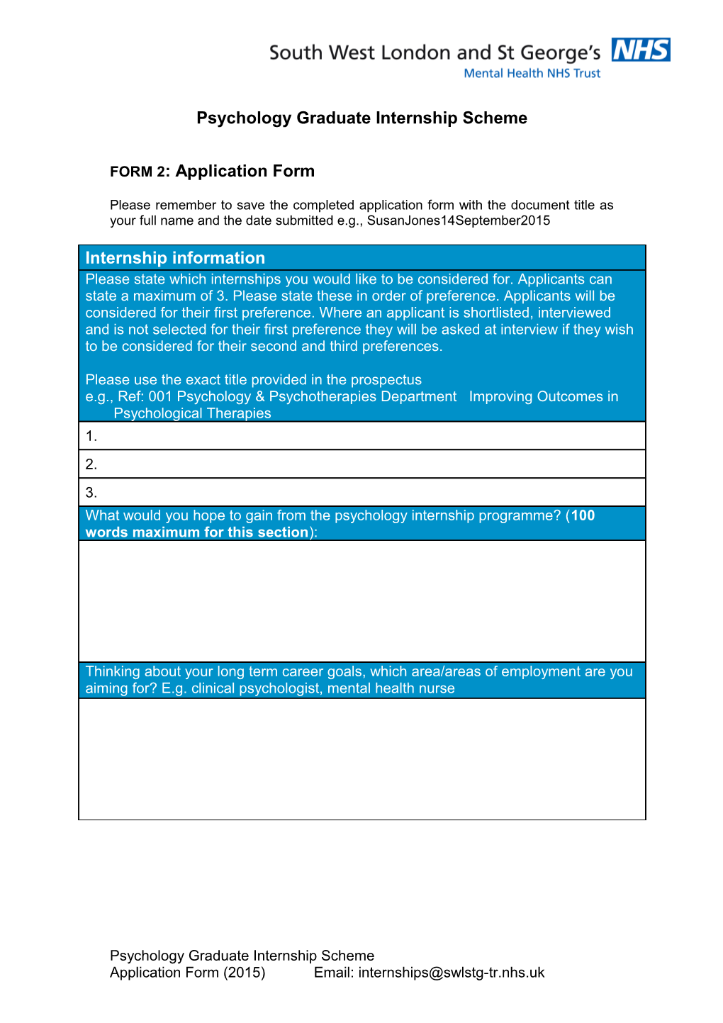 Psychology Graduate Internships Application Form