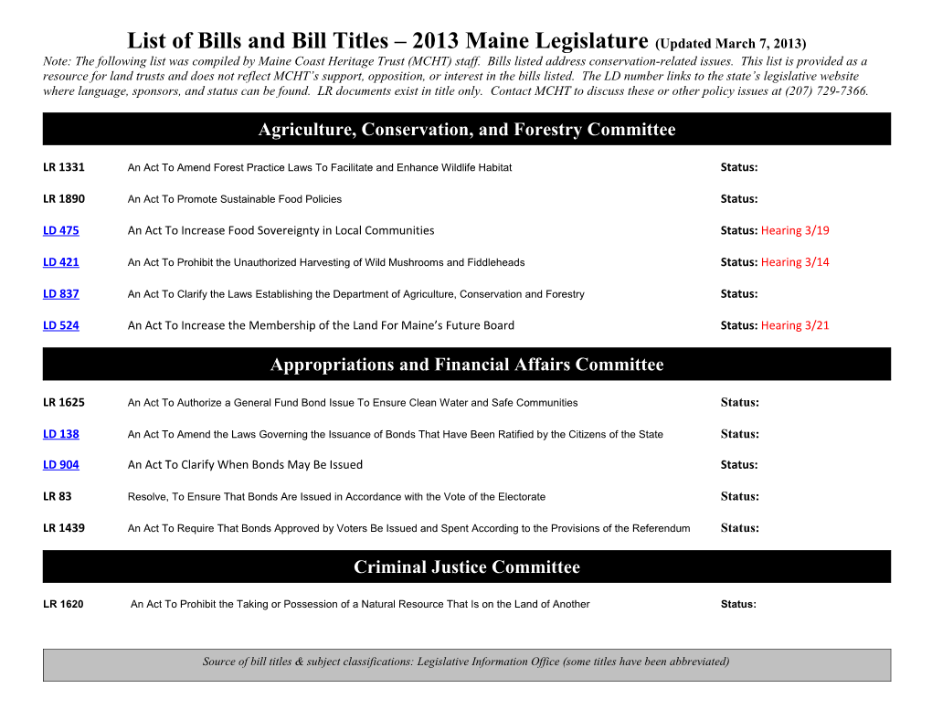 List of Bills and Bill Titles 2013 Maine Legislature(Updated March 7, 2013)