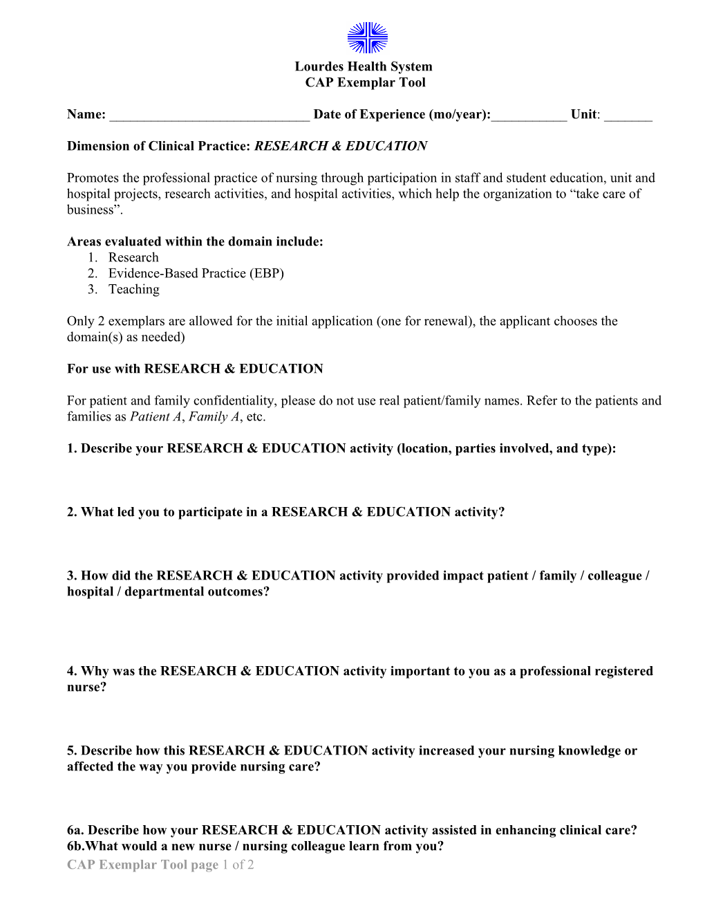 Lourdes Health System CAP Exemplar Template: Possible CAP Points - 25