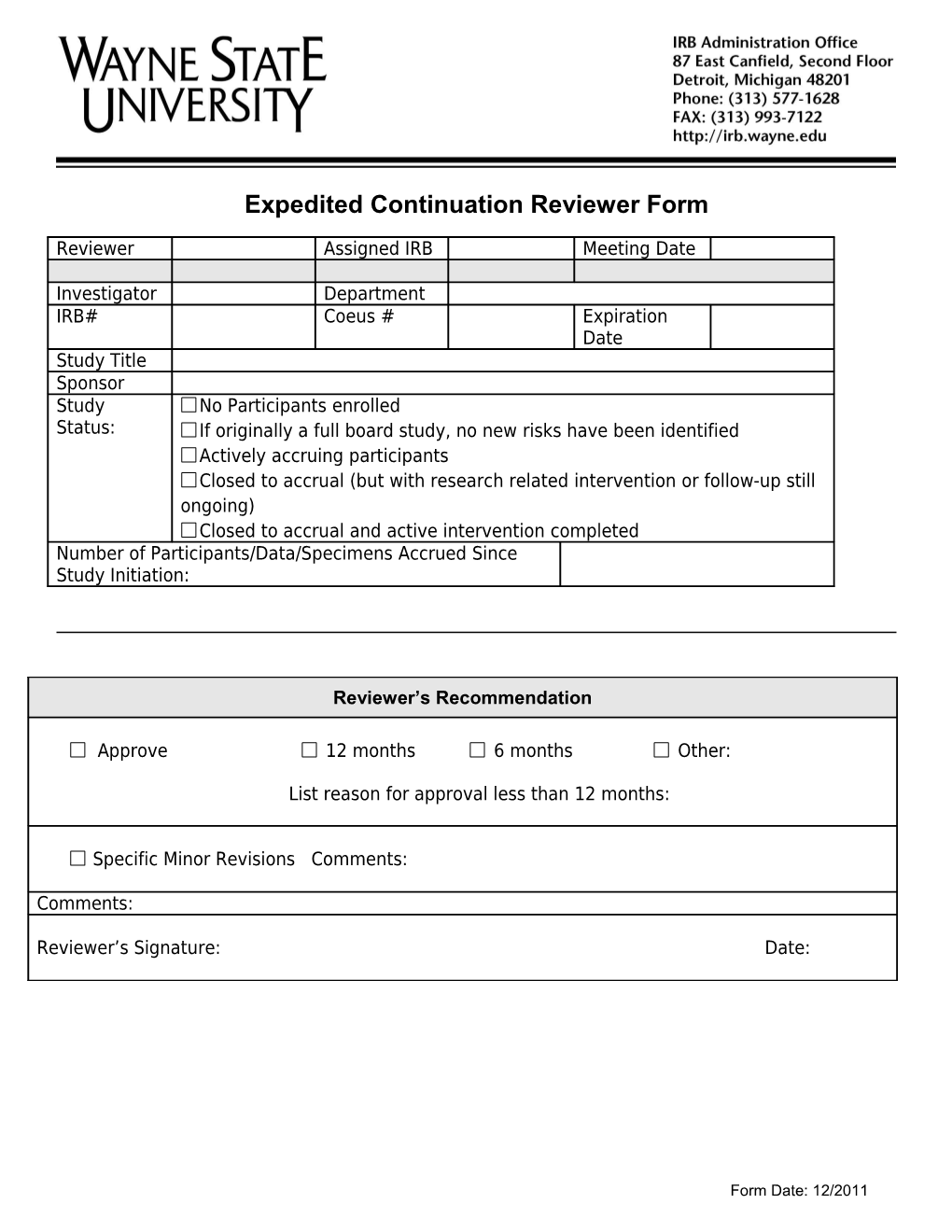 Expedited Continuation Reviewer Form