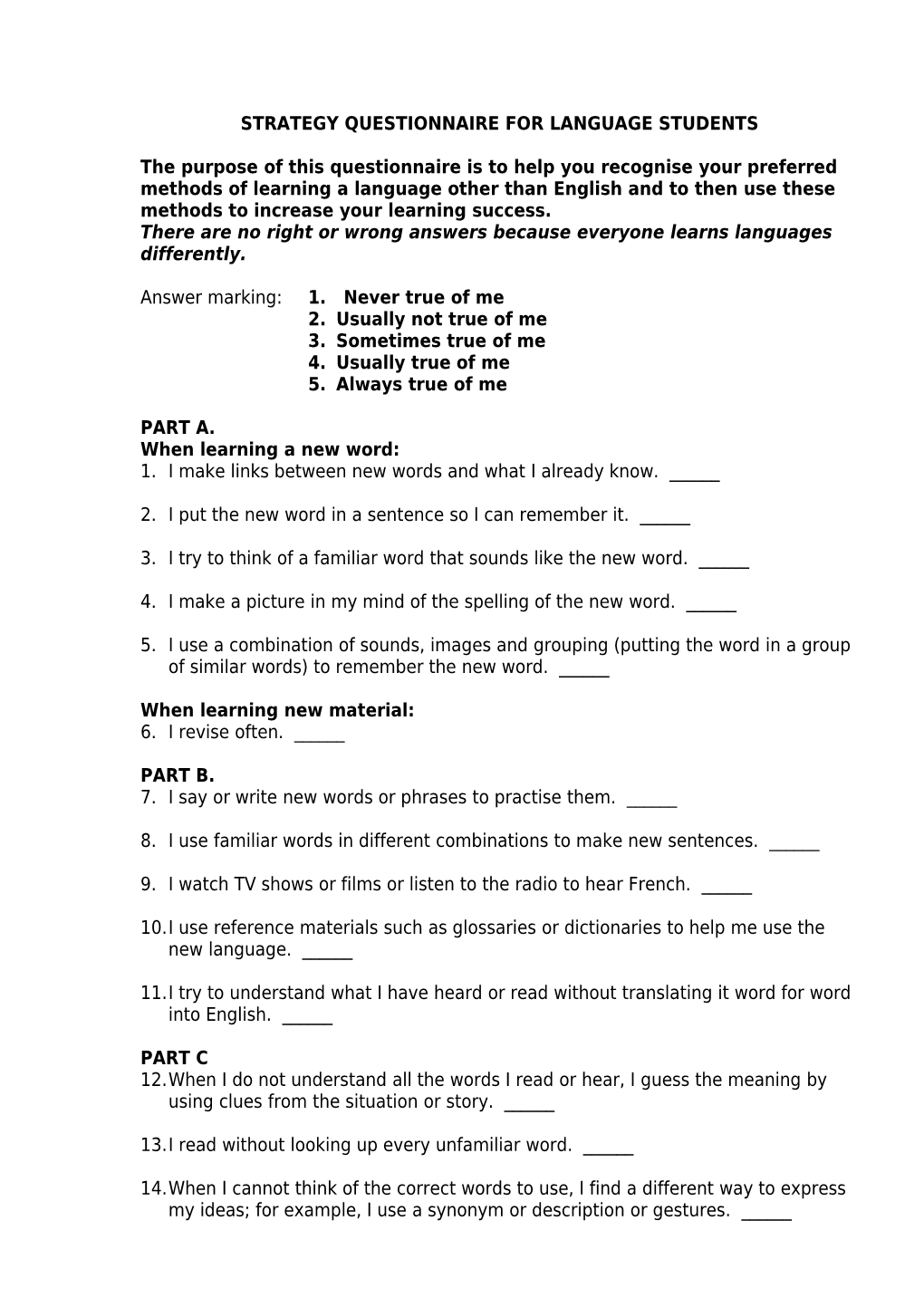 Strategy Questionnaire for Language Students