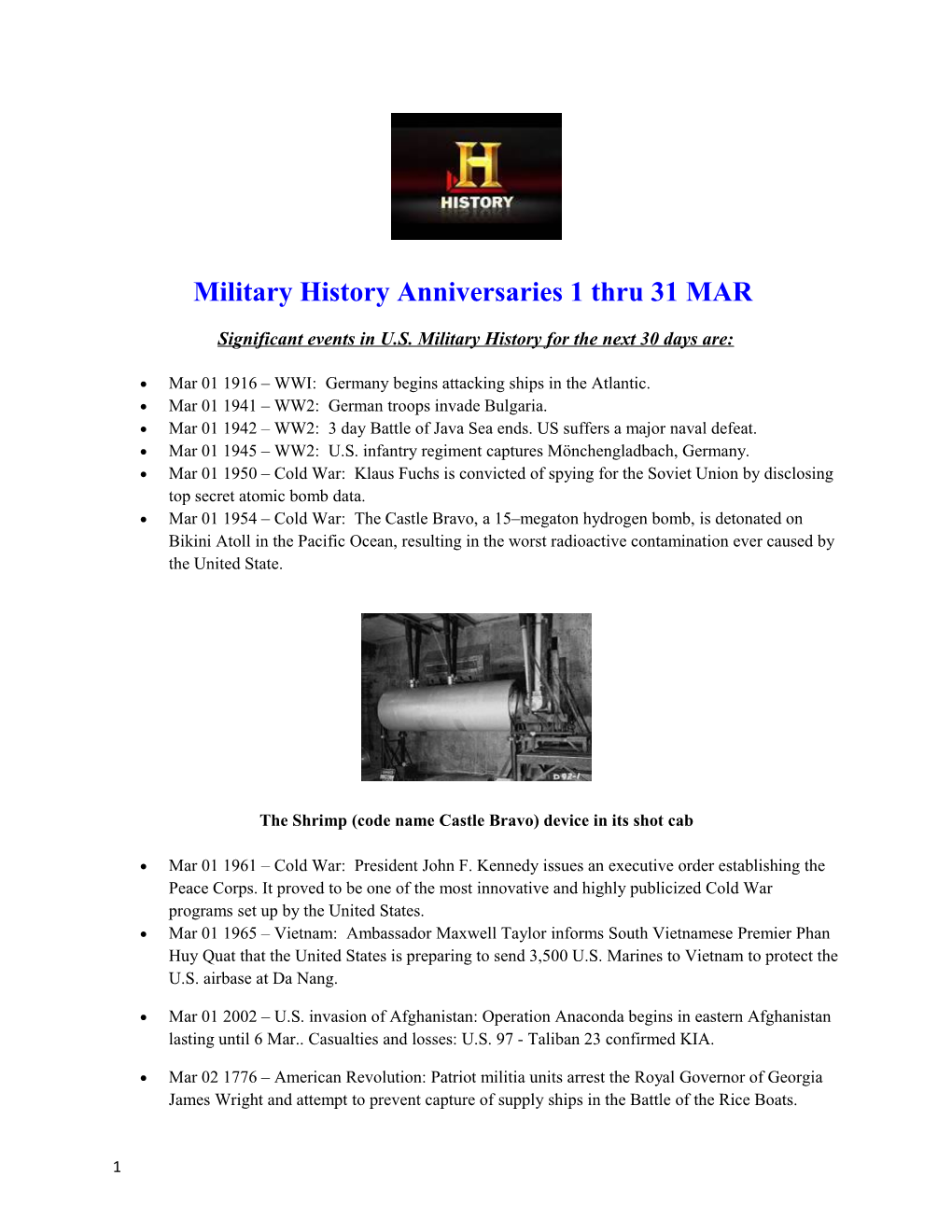 Significant Events in U.S. Military History for the Next 30 Days Are s1