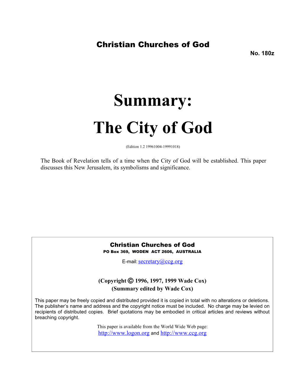 Summary: the City of God (No. 180Z)
