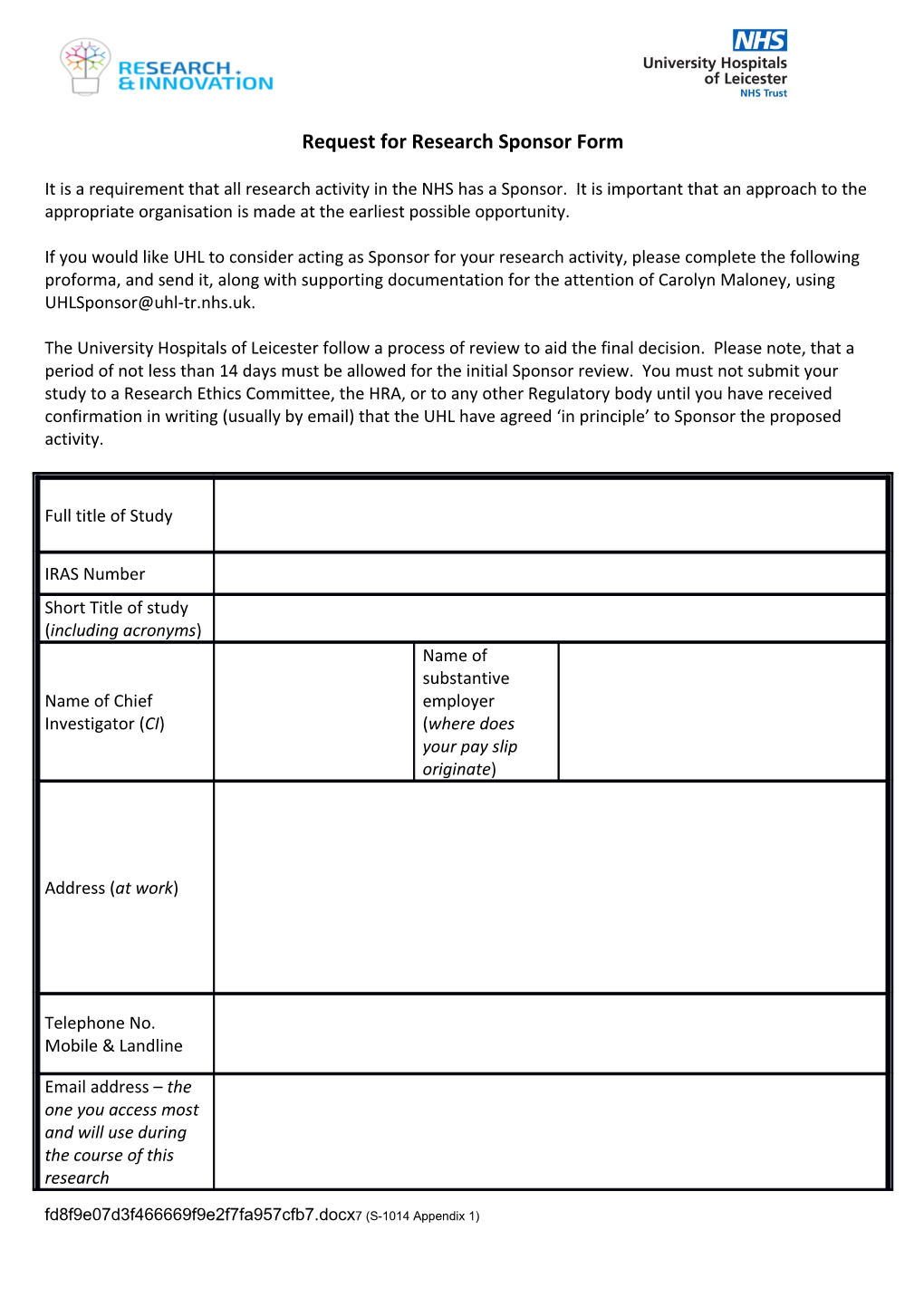 Request for Research Sponsor Form