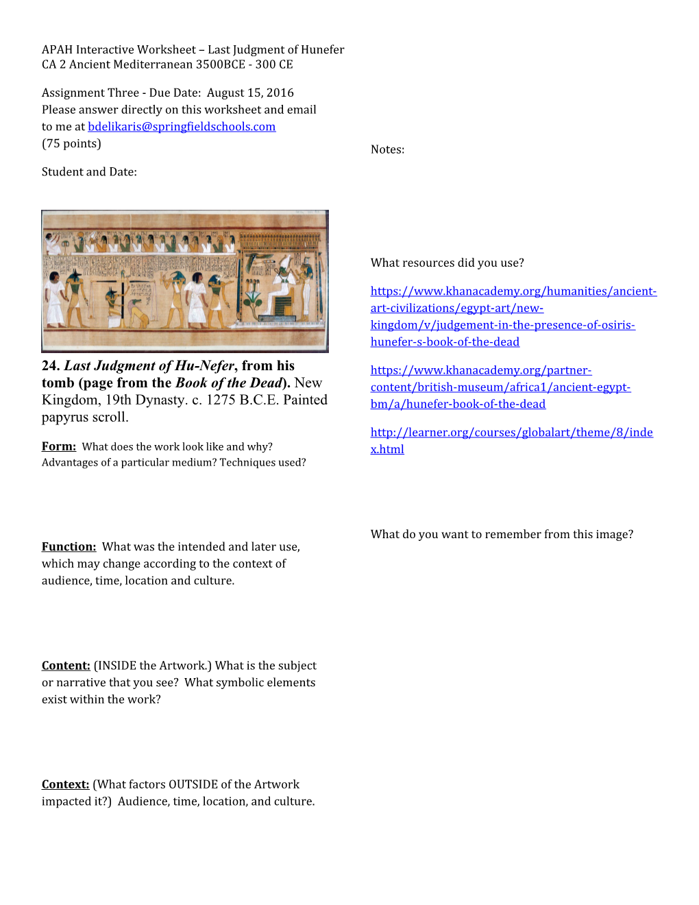 APAH Interactive Worksheet Last Judgment of Hunefer