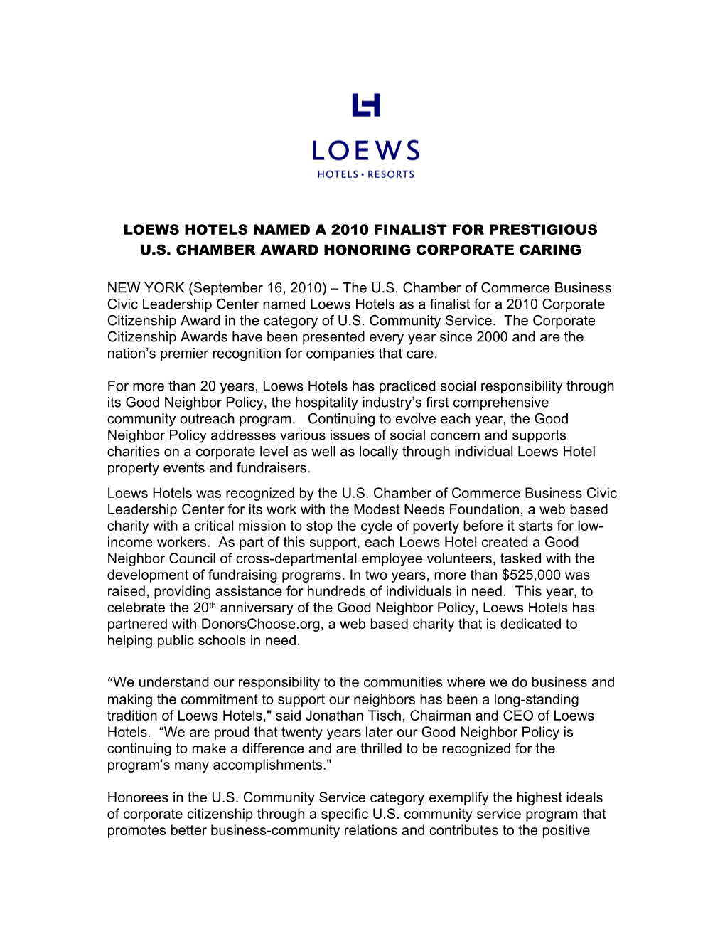 Loews Hotels Named a 2010 Finalist for Prestigious
