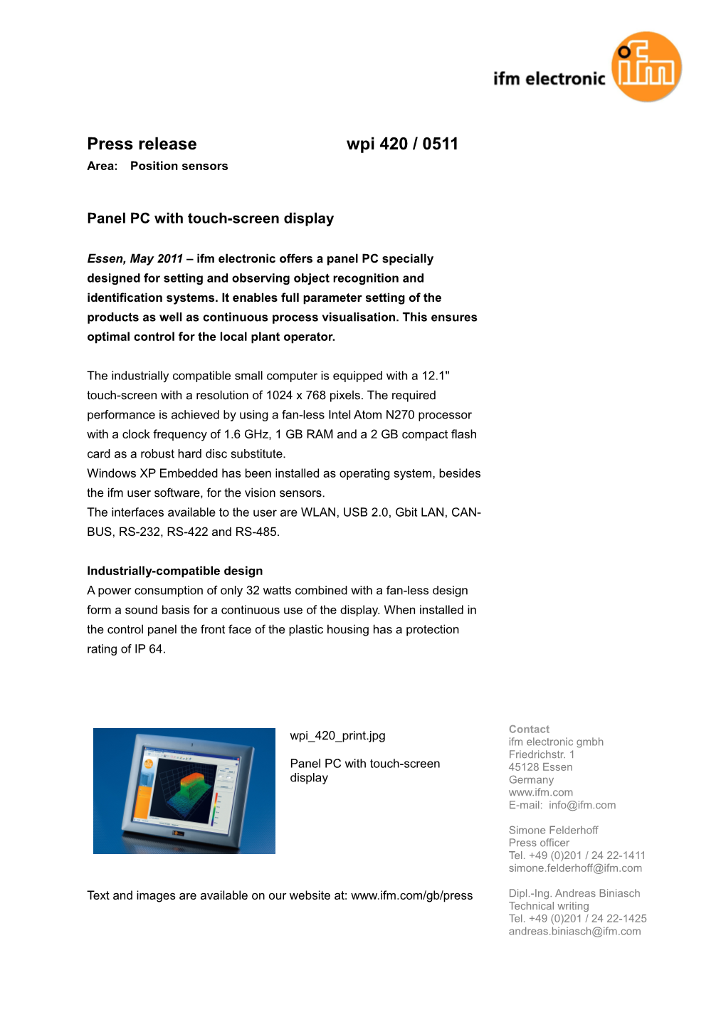 Press Release Ifm Electronic - Panel PC with Touch-Screen Display