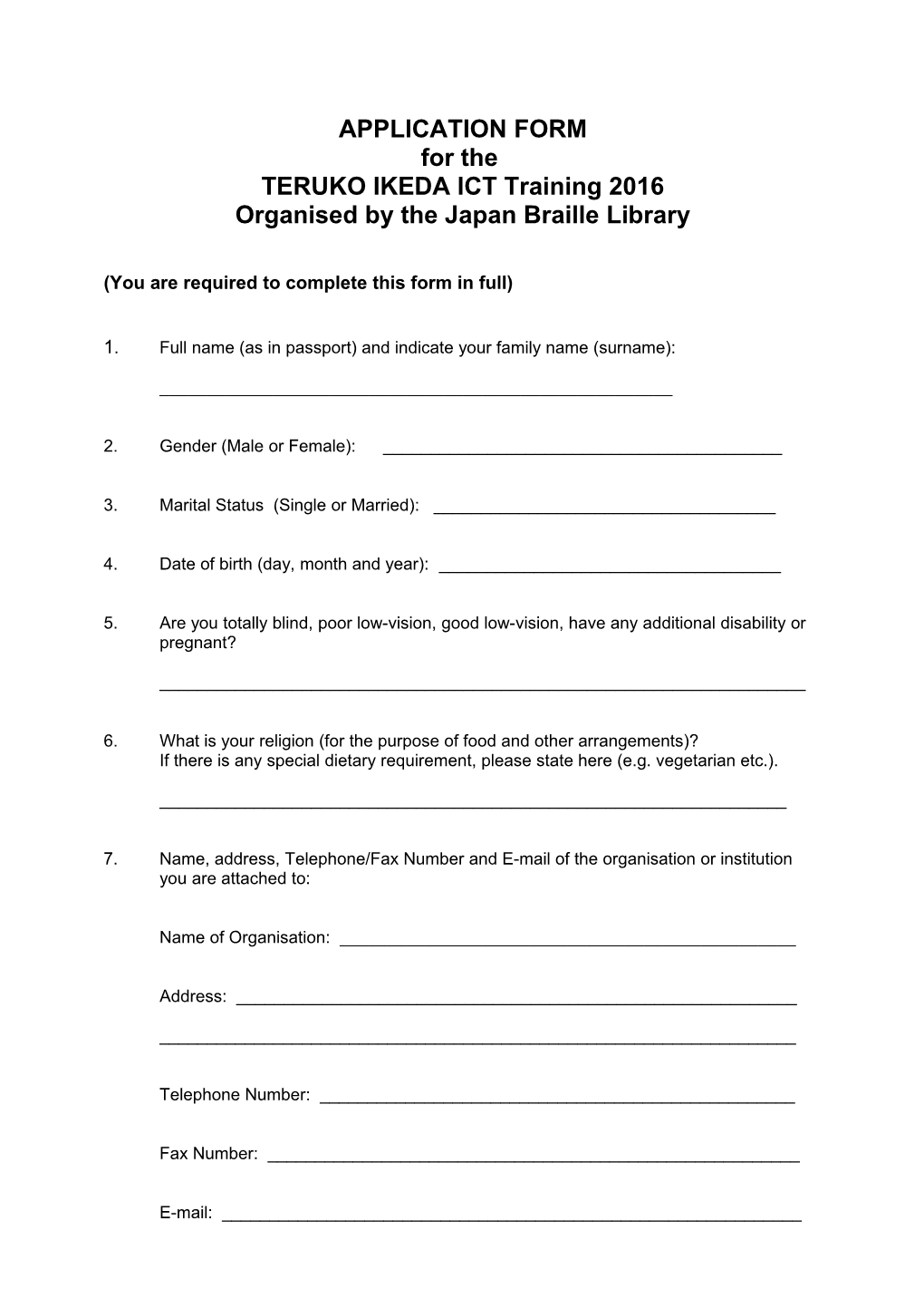 Application Form for the 4Th Wbuap Teruko Ikeda Ict Scholarship (2007)