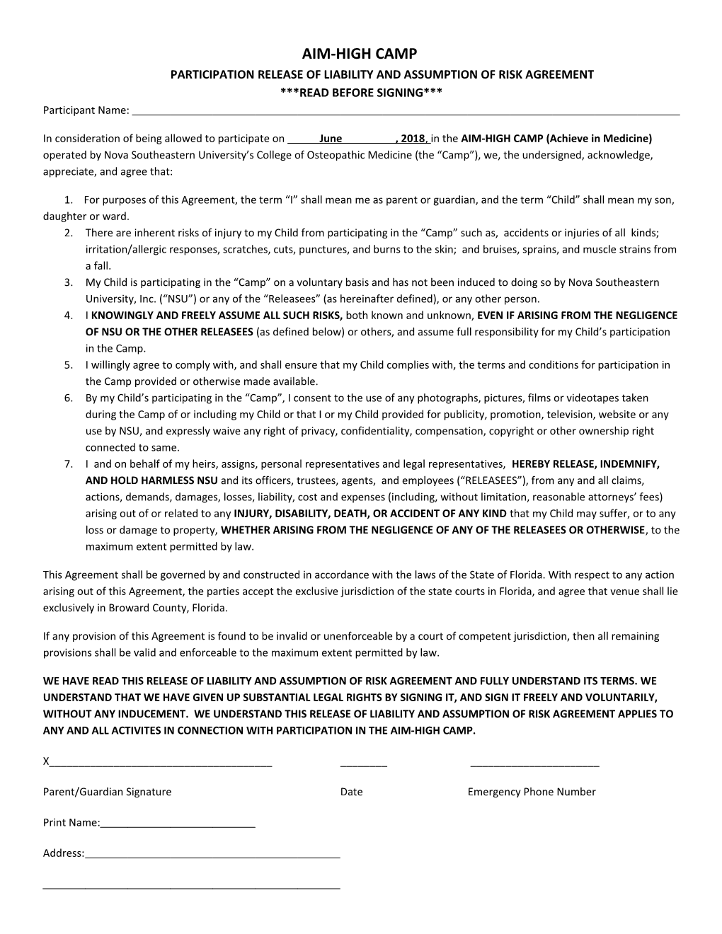 Participation Release of Liability and Assumption of Risk Agreement