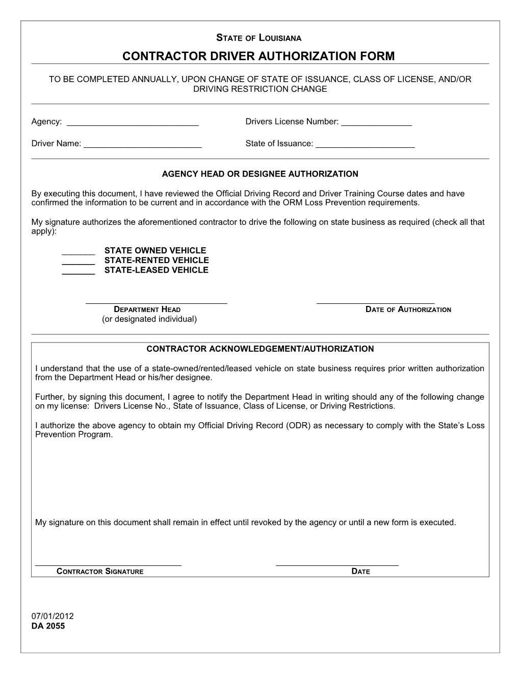 Authorization and Driving History Form