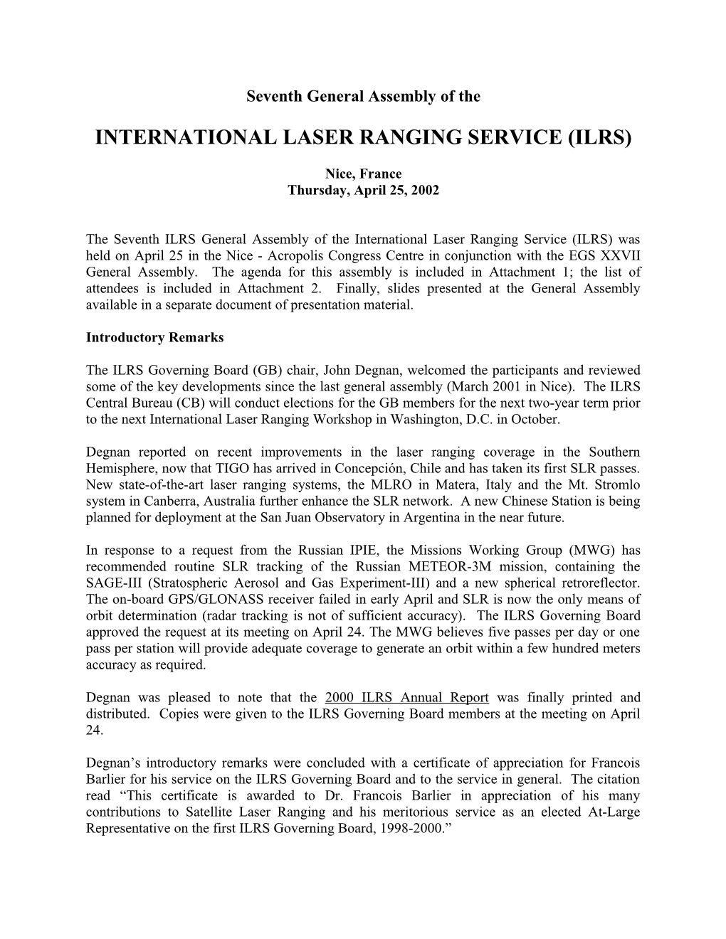 International Laser Ranging Service (ILRS)