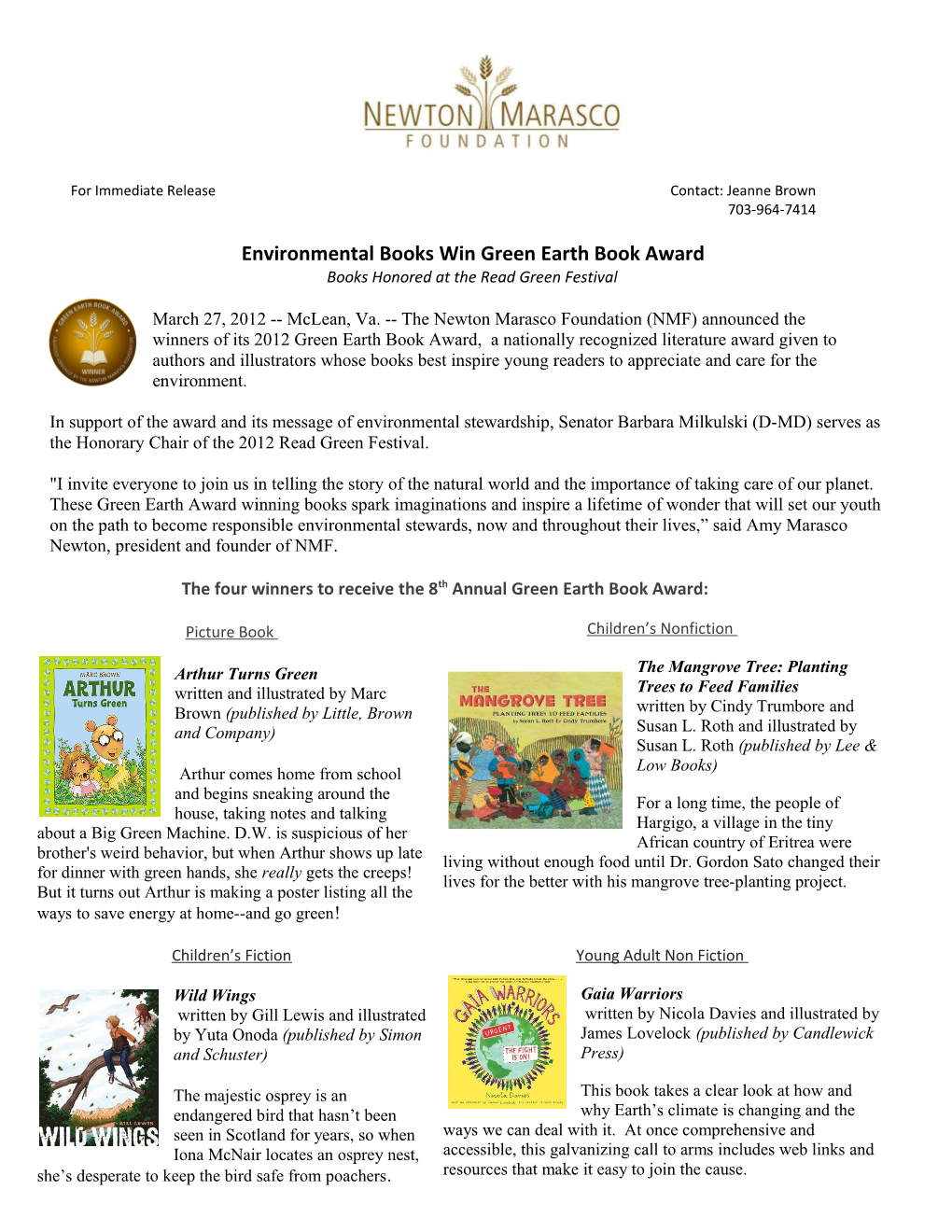 Environmental Books Win Green Earth Book Award