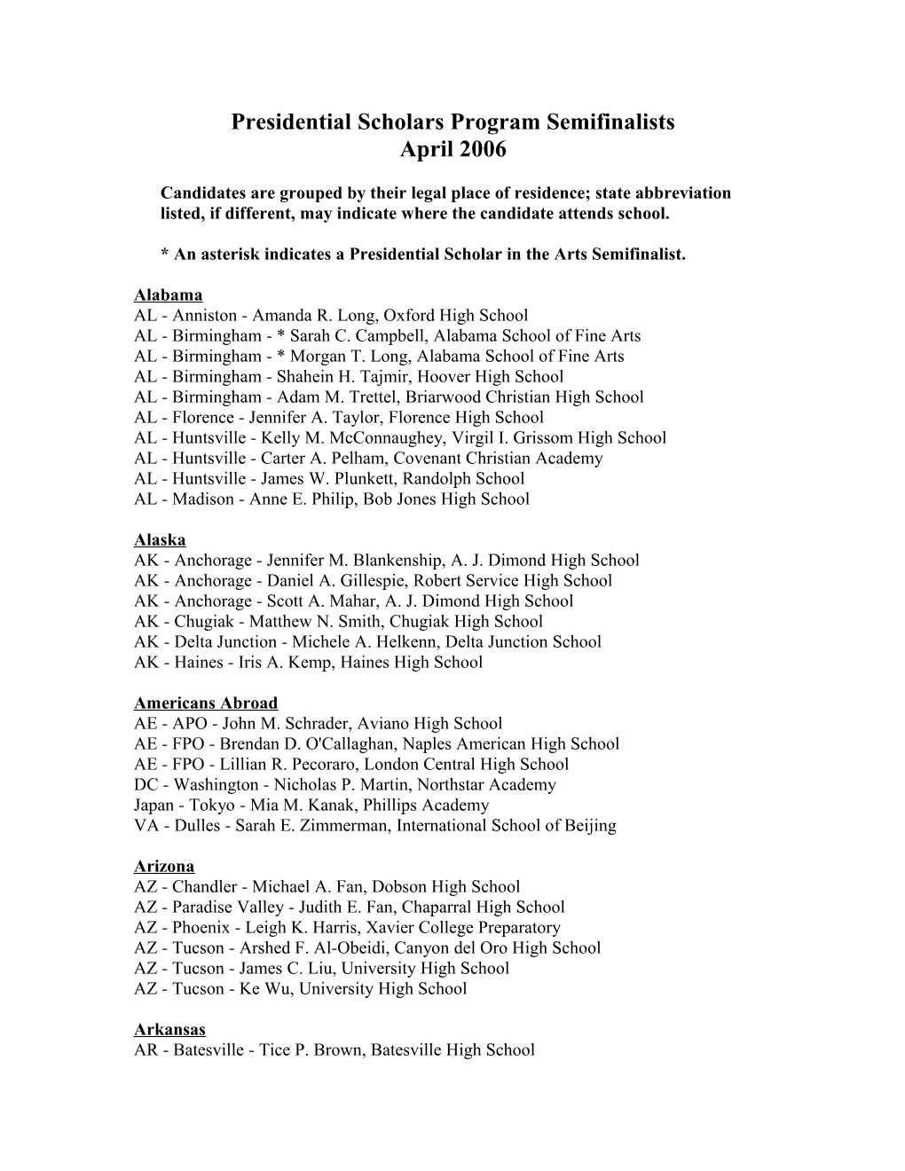 2006 Semifinalists for the Presidential Scholars Program (Msword)