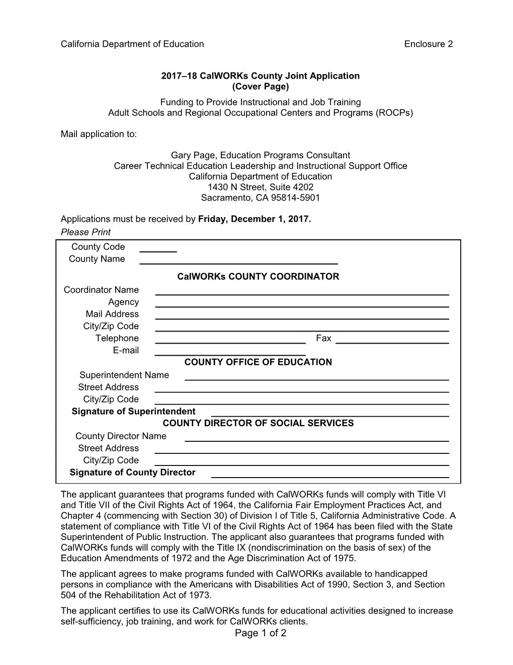 Form: Application 2017-18 - Calworks (CA Dept of Education)