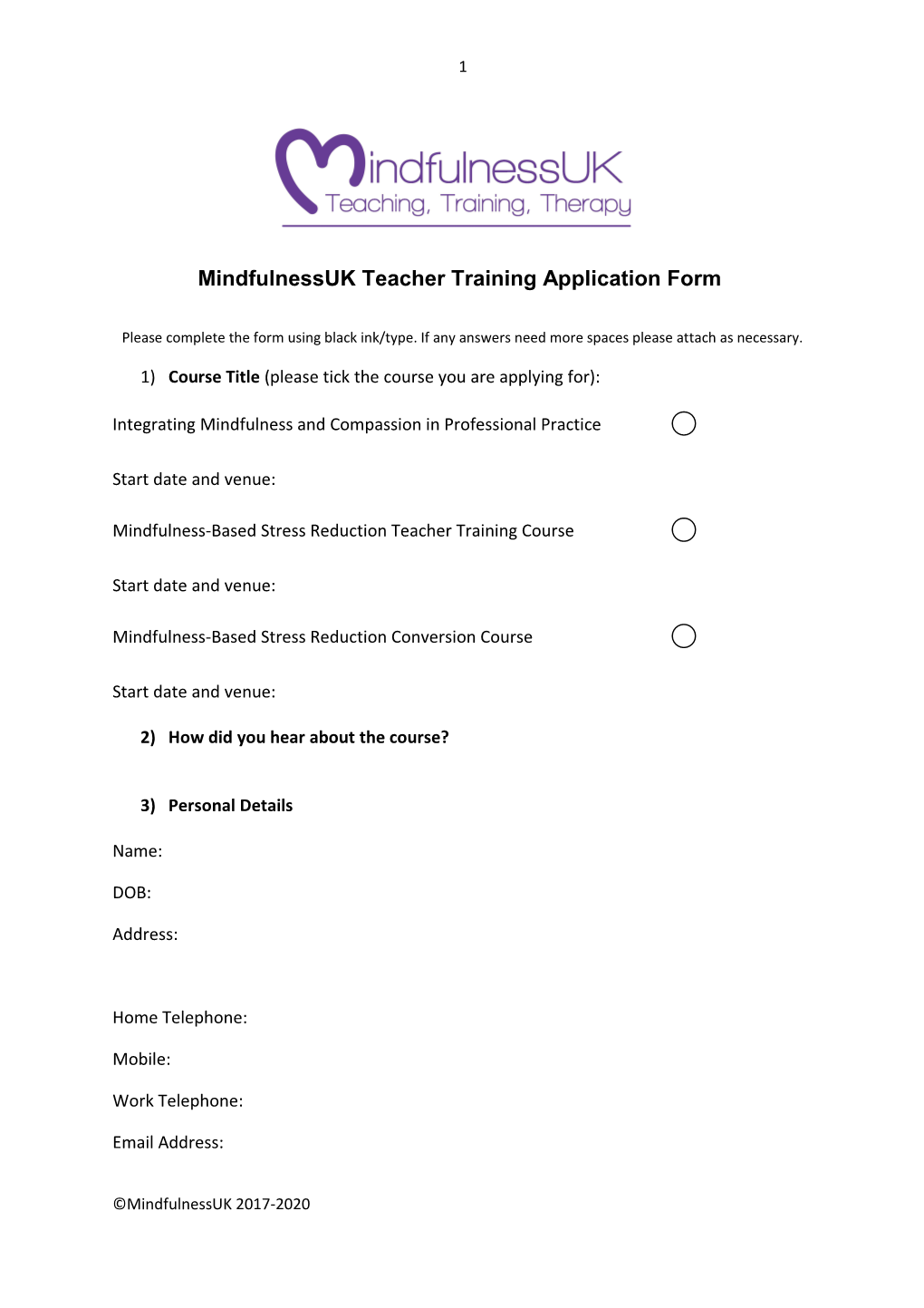 Mindfulnessuk Teacher Training Application Form