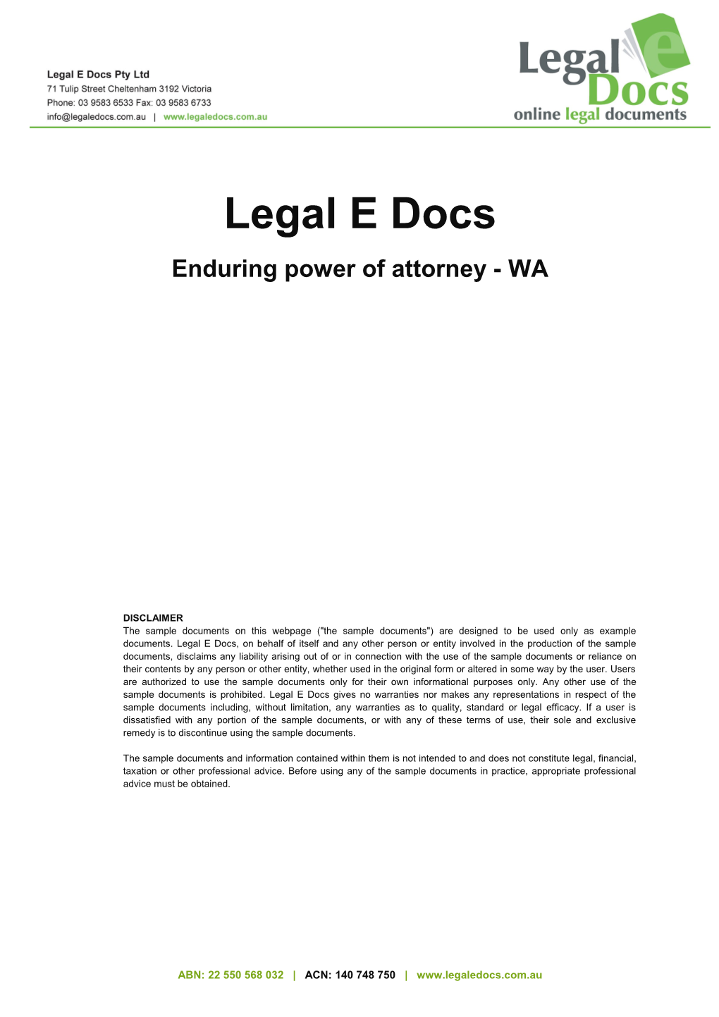 Enduring Power of Attorney Form 1 Guardianship and Administration Act 1990 Western Australia