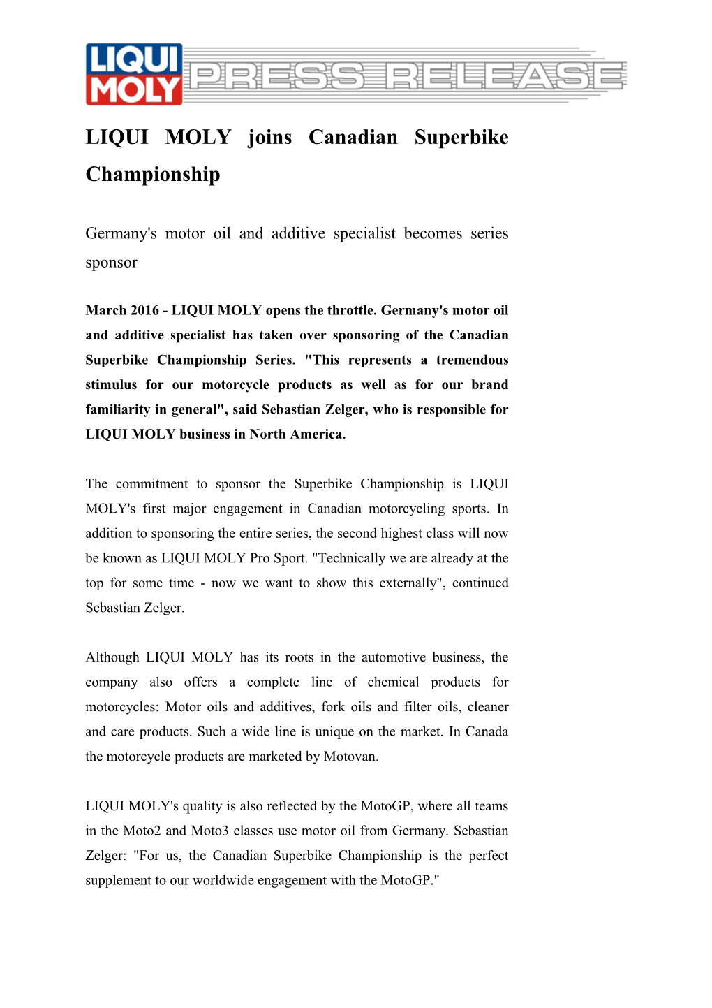 LIQUI MOLY Joins Canadian Superbike Championship
