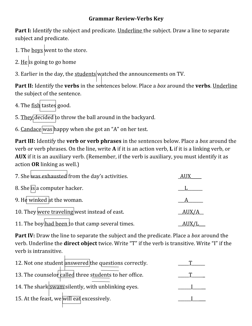 Grammar Review-Verbs Key