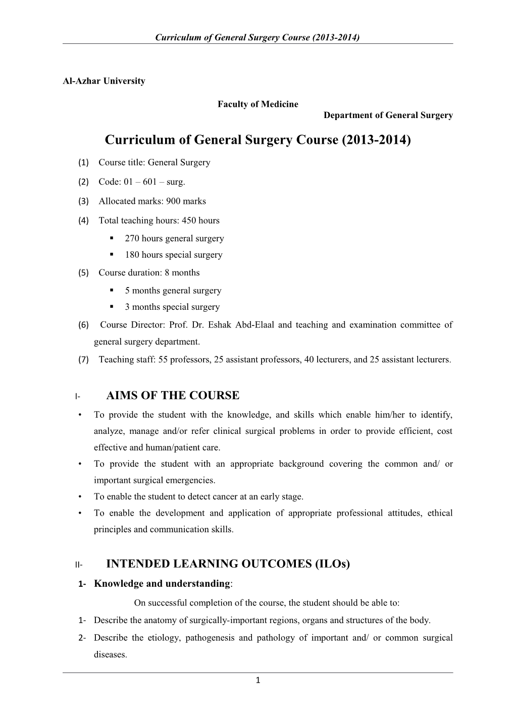 Curriculum of General Surgery Course (2013-2014)