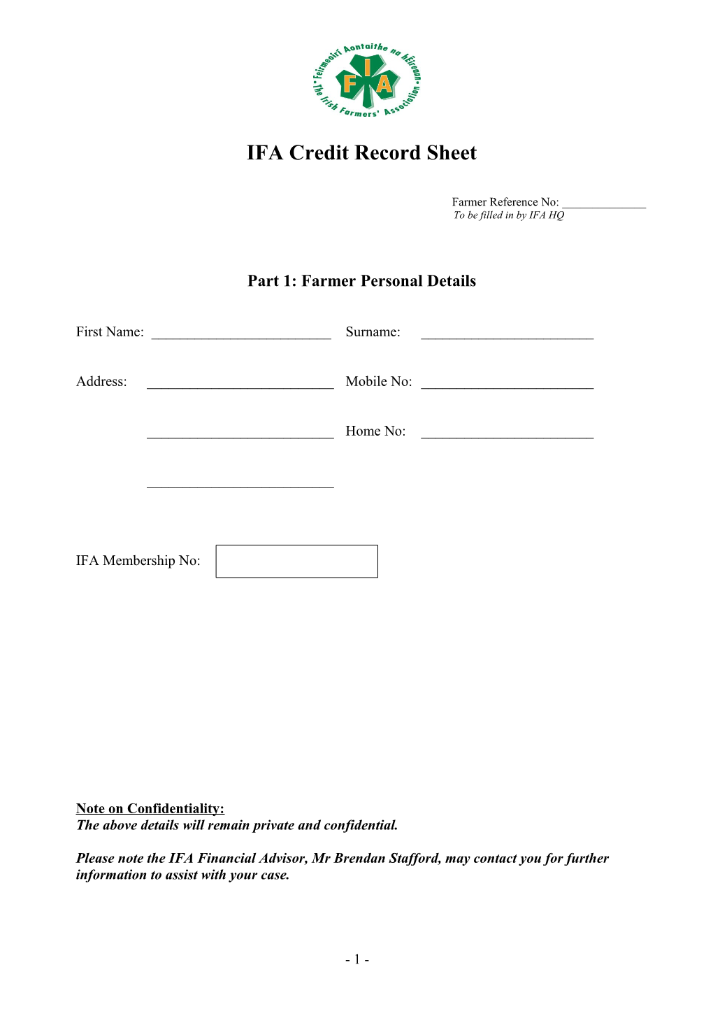 IFA Credit Record Sheet