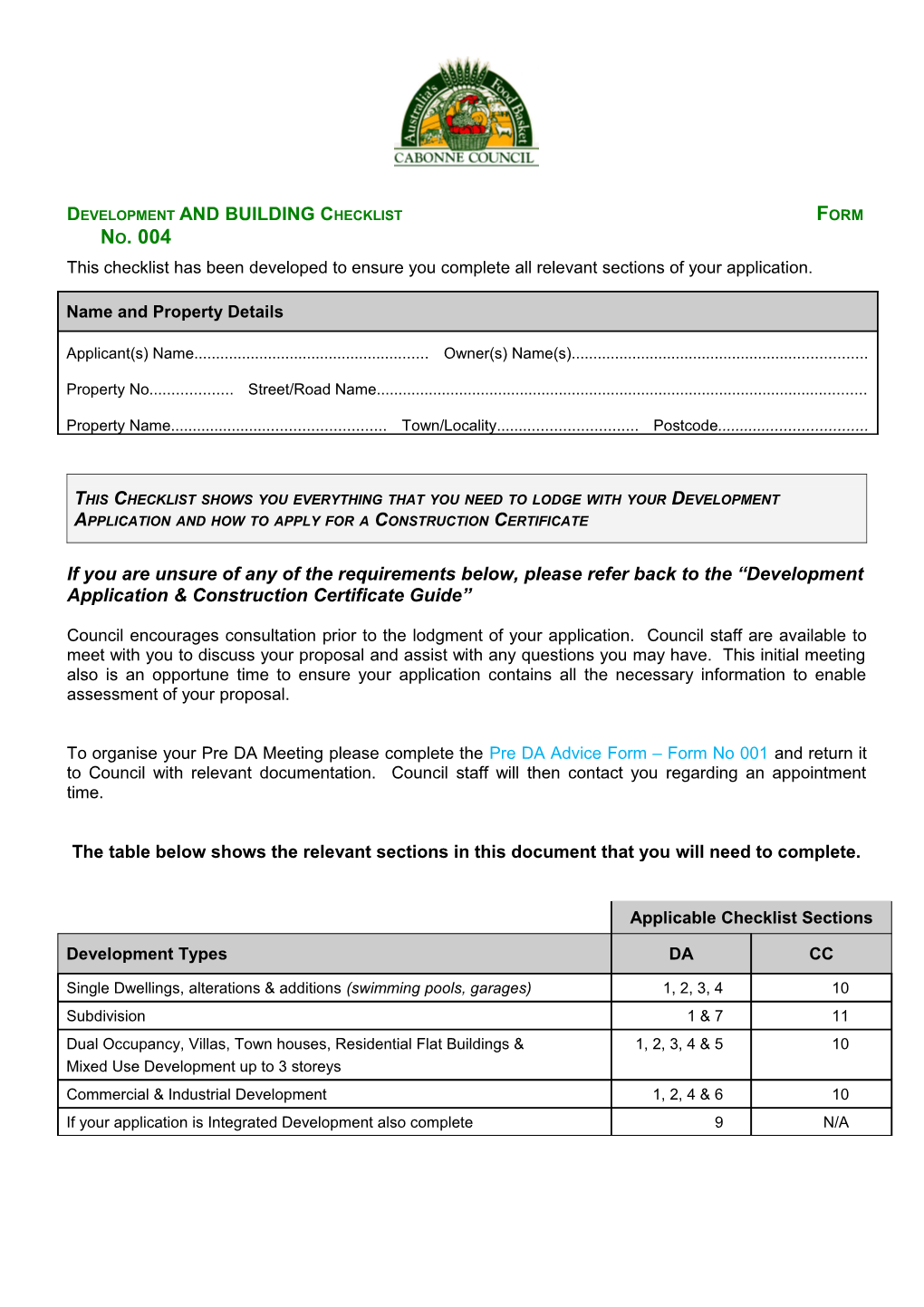 Development and BUILDING Checklist Form No. 004