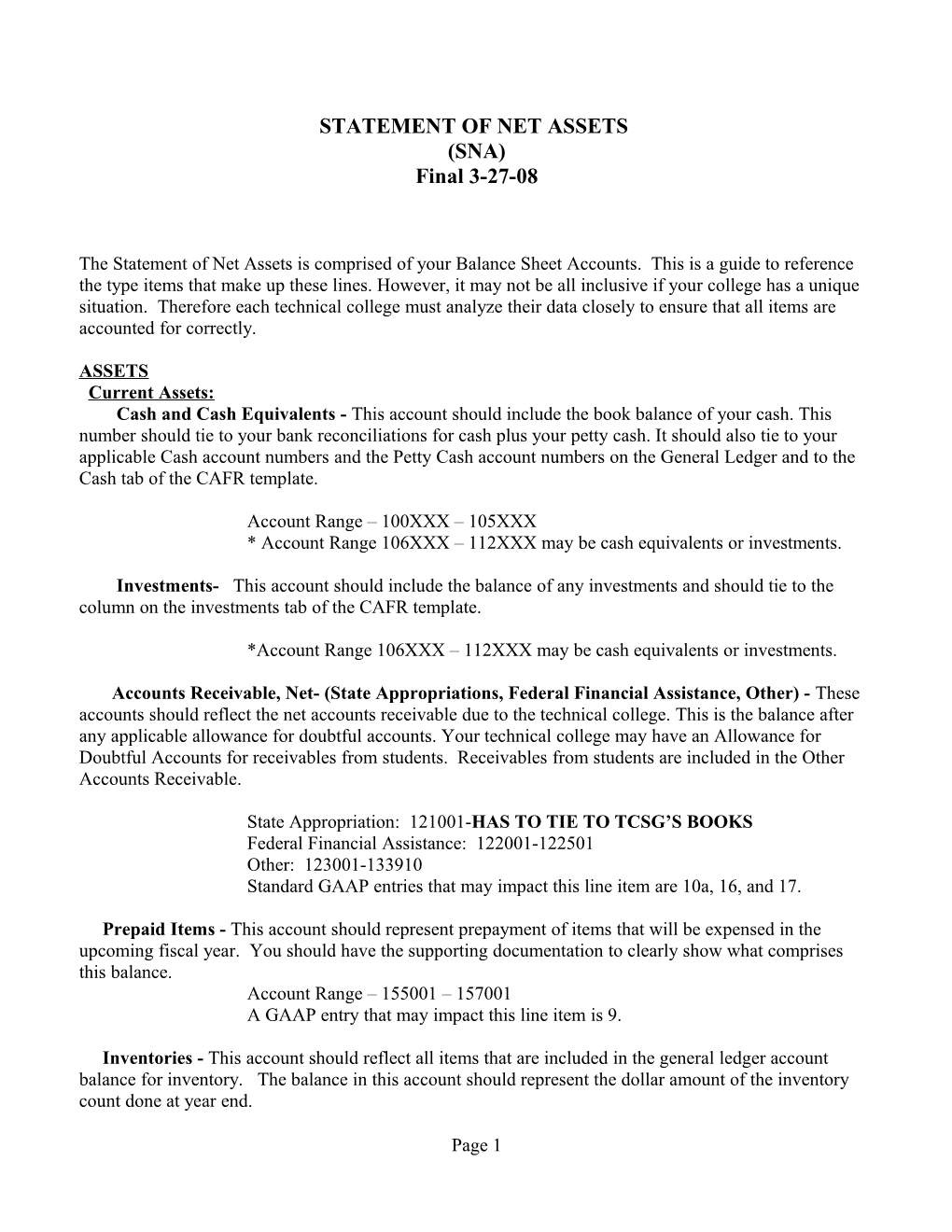 Statement of Net Assets (Sna)