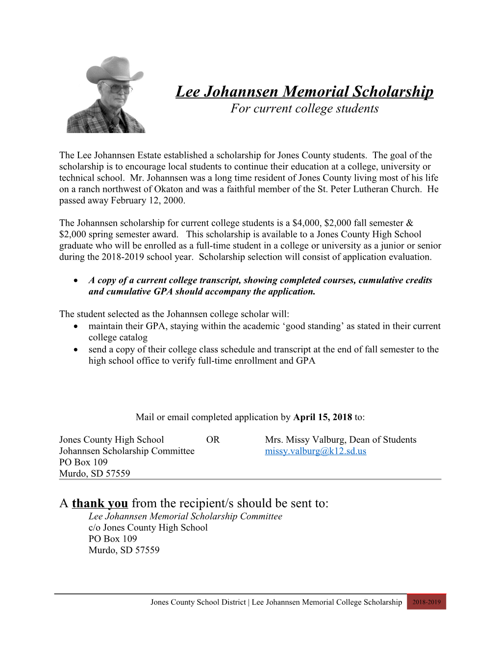 Lee Johannsen College Scholarship