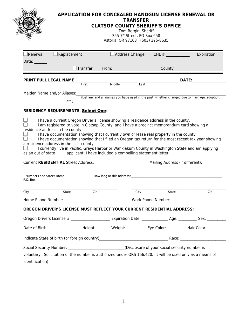 Application for License to Carry a Concealed Handgun