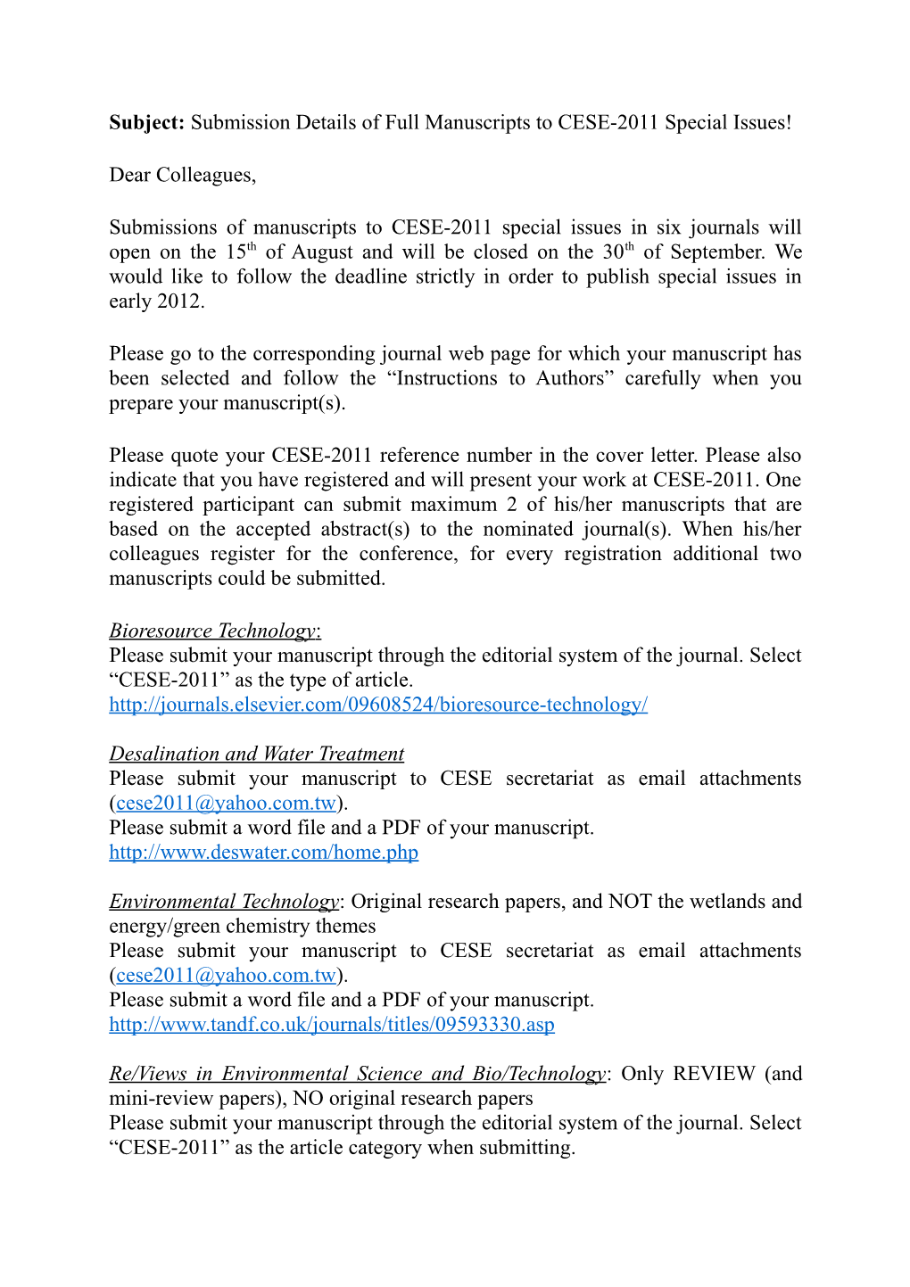 Subject: Submission Details of Full Manuscripts to CESE-2011 Special Issues!