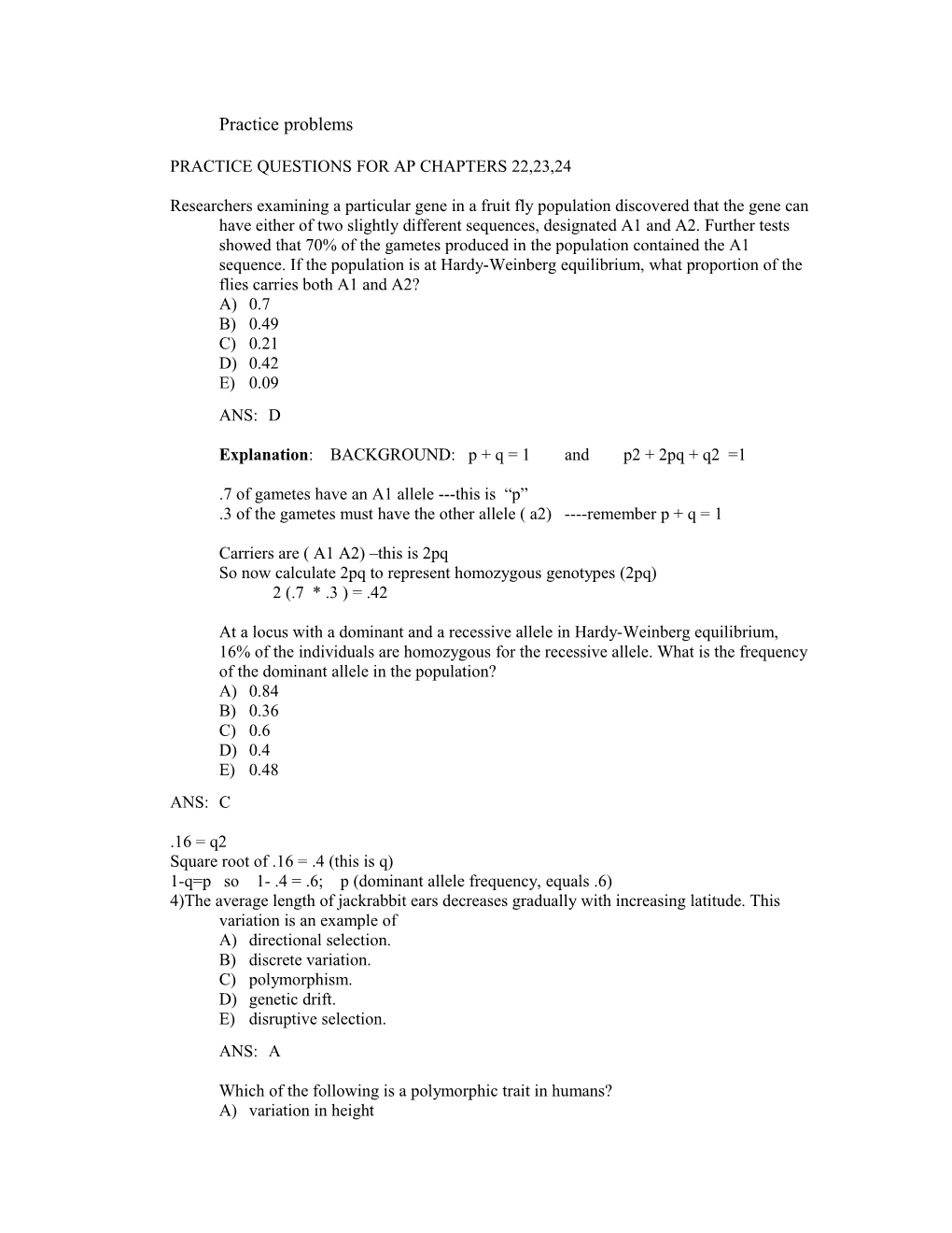 Practice Questions for Ap Chapters 22,23,24