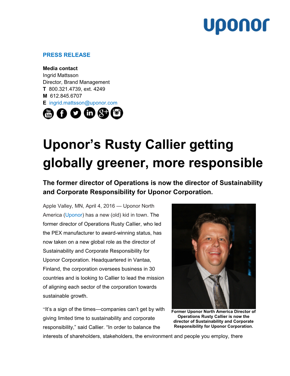 Uponor S Rusty Callier Getting Globally Greener, More Responsible