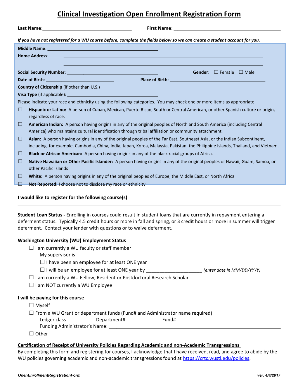 Clinical Investigation Open Enrollment Registration Form
