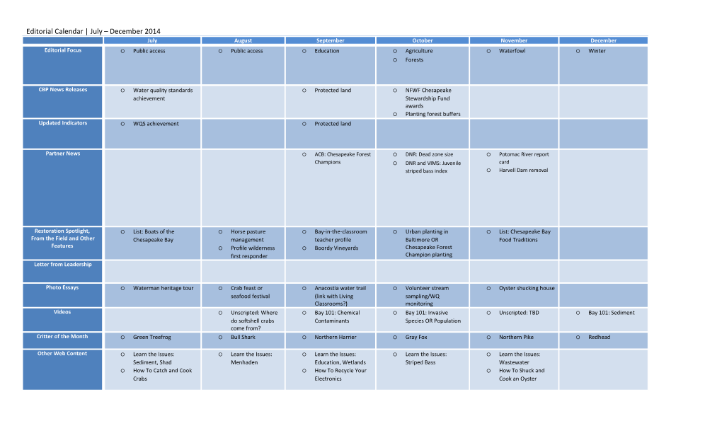 Editorial Calendar July December 2014